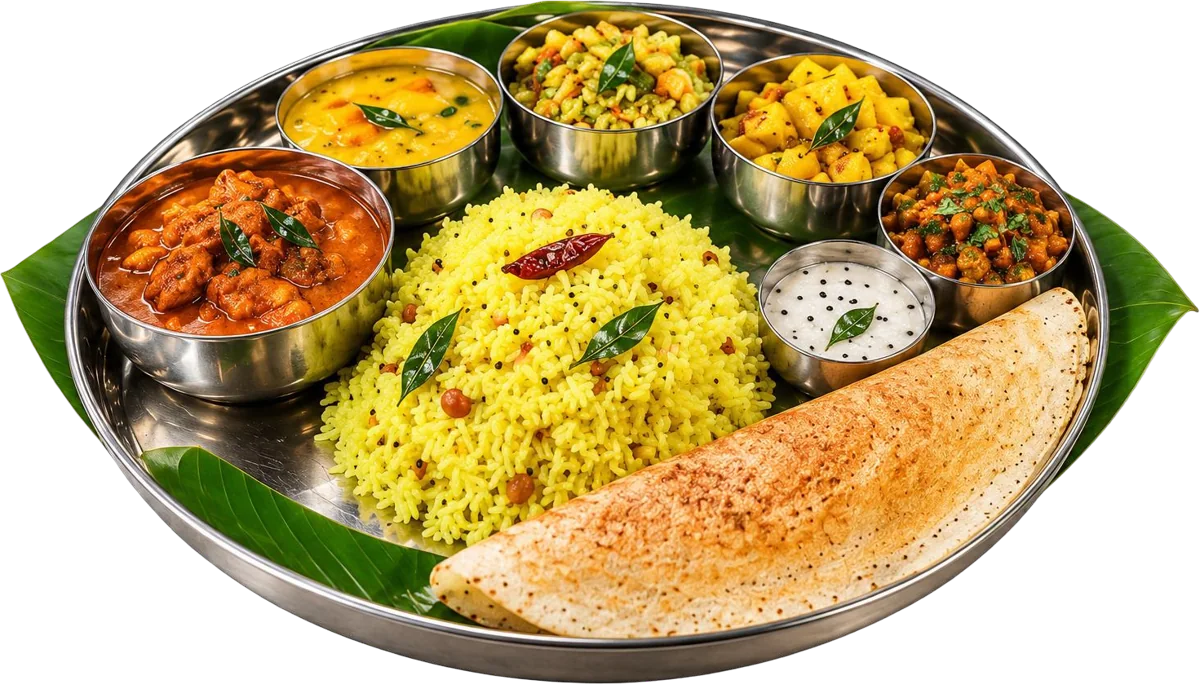 Executive business lunch thali with chicken curry, vegetable curries, lemon rice and dosa