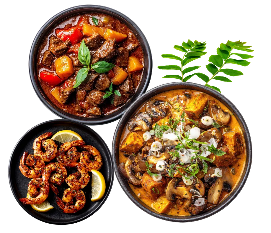 Beef roast, prawns and mushroom curry