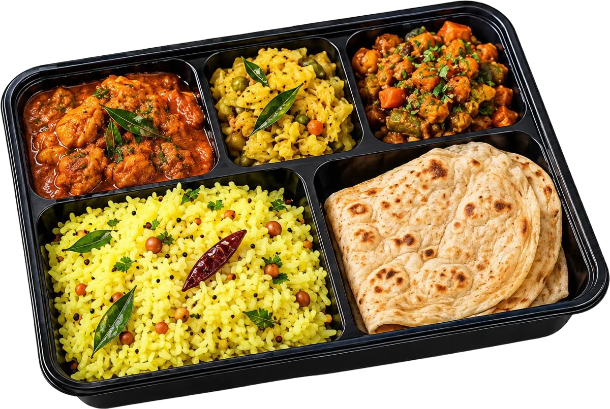 Kerala lunch box with curry, vegetables, lemon rice and paratha