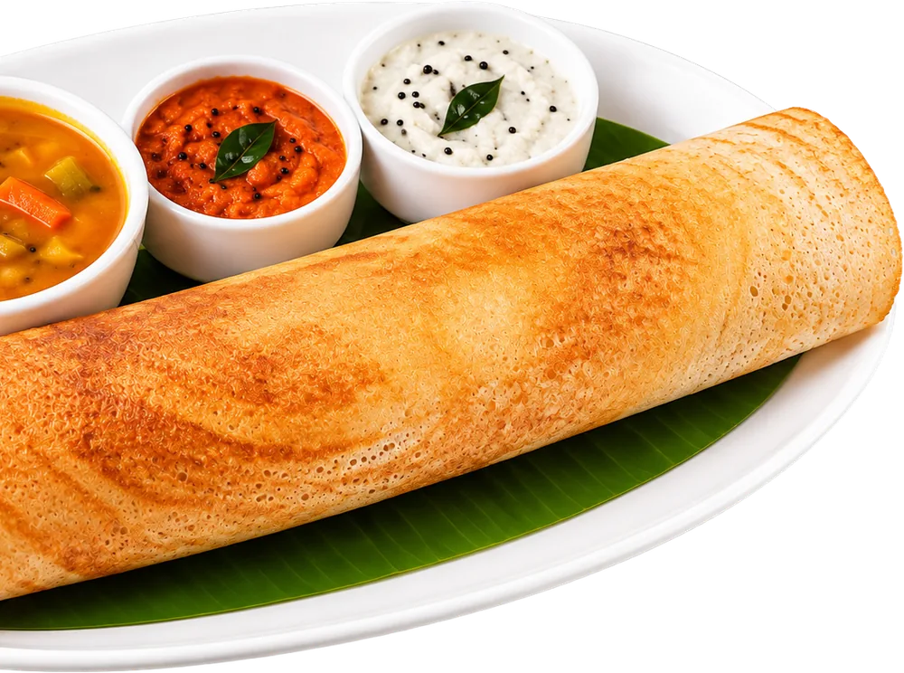 Masala dosa with sambar and chutneys