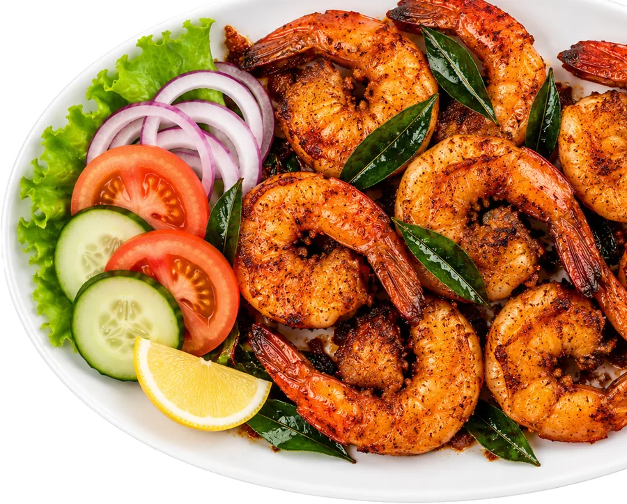 Chemmeen fry — grilled prawns with salad