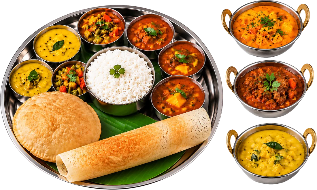 Vembanad sadya thali with rice, curries, poori and dosa