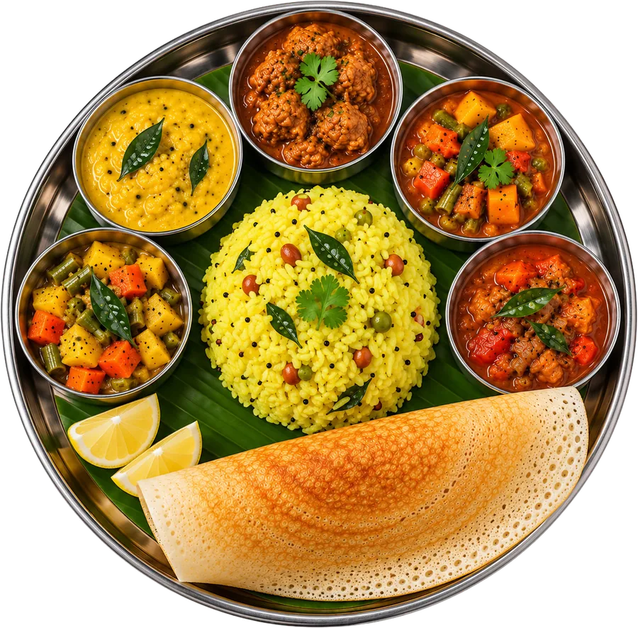 Executive lunch thali with lemon rice, curries and dosa